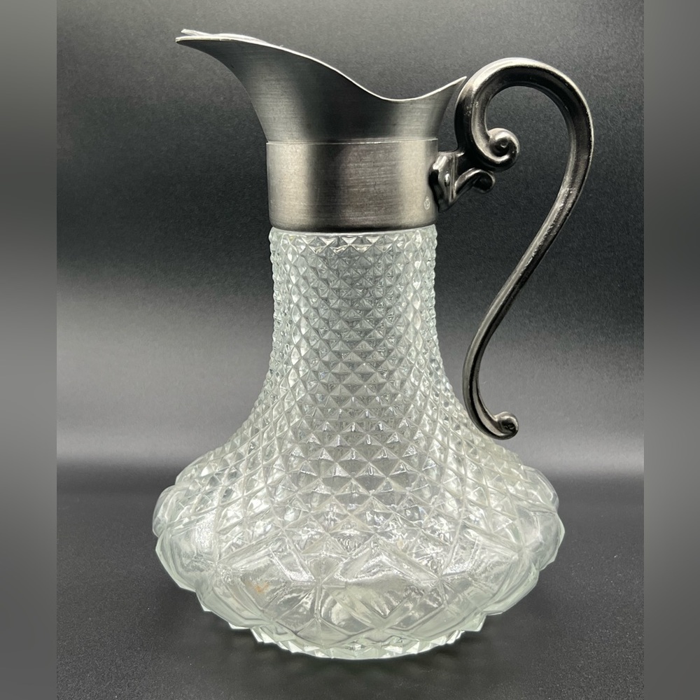 Vintage Italian Diamond cut glass pitcher with pewter handle 10.5 inches